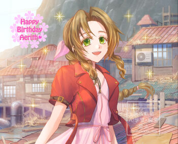 Rule 34 | 1girl, aerith gainsborough, arm belt, braid, braided ponytail, brown hair, character name, choker, commentary request, cropped jacket, dress, final fantasy, final fantasy vii, final fantasy vii remake, flower choker, gold buttons, green eyes, hair ribbon, happy birthday, jacket, long hair, open mouth, outdoors, parted bangs, pink dress, pink ribbon, red jacket, ribbon, short sleeves, sidelocks, single braid, slums, smile, solo, sparkle, twitter username, upper body, yahokichi ma