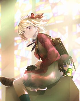 1girl backpack bag belt black_hair black_socks blonde_hair blue_ribbon blush brown_bag camera character_doll closed_mouth doll dress grey_dress hair_ribbon highres holding holding_camera inoue_takina long_sleeves looking_at_viewer lycoris_recoil lycoris_uniform neck_ribbon nishikigi_chisato pleated_dress purple_eyes red_belt red_dress red_eyes red_ribbon ribbon sengoku_chidori shirt shoes short_hair sitting socks solo stained_glass two-tone_dress
