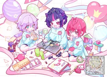 Rule 34 | 3boys, :o, aged down, animal, animal on head, apple, bat (animal), blue eyes, blue shirt, blue shorts, blush, candy, commentary request, crayon, crossed legs, drink, epel felmier, fangs, food, fruit, full body, grey eyes, grid background, hedgehog, highres, holding, holding drink, indian style, kindergarten uniform, kumomo 36, lilia vanrouge, looking down, male focus, multicolored hair, multiple boys, on head, open mouth, pink hair, pink ribbon, pointy ears, purple hair, reading, red eyes, ribbon, riddle rosehearts, shirt, shorts, simple background, sitting, sketchbook, slit pupils, smile, socks, strawberry, streaked hair, string of flags, toy block, toy train, twisted wonderland, watermark, white background, white socks, wrapped candy