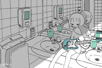 Rule 34 | 1girl, absurdres, commentary, different reflection, electric guitar, greyscale, guitar, hand dryer, highres, indoors, instrument, kaduise, looking back, mirror, monochrome, original, oversized clothes, oversized shirt, reflection, shirt, short hair, signature, single off shoulder, sink, sitting, soap dispenser, spot color