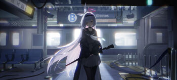 1girl absurdres arrow_(symbol) black_choker black_coat black_hairband black_sailor_collar black_serafuku black_umbrella blue_archive blush bollard bow braid cable chair choker coat colored_inner_hair diffraction_spikes feet_out_of_frame floating_hair grey_eyes hair_over_one_eye hair_tie hairband halo hazard_stripes highres holding holding_umbrella incredibly_absurdres industrial_pipe lens_flare long_hair long_sleeves looking_at_viewer multicolored_hair neckerchief off_shoulder pillar pink_hair pink_halo plana_(blue_archive) red_halo red_pupils reiami ribbon sailor_collar school_uniform screen security_camera serafuku sign single_braid skirt sleeve_cuffs solo tactile_paving tile_floor tiles train train_station umbrella umbrella_gun very_long_hair waiting white_hair white_neckerchief white_ribbon