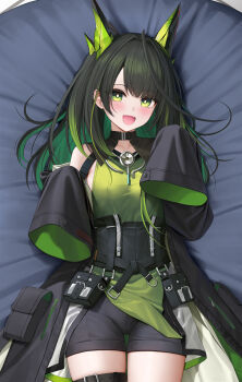 1girl :d absurdres ahoge arknights bare_shoulders bed_sheet black_coat black_shorts buckle coat collarbone colored_inner_hair corset dakimakura_(medium) dress fang from_above green_dress green_eyes green_hair highres horns keine09 long_hair long_sleeves looking_at_viewer lying mon3tr_(arknights) multicolored_hair on_back on_bed open_clothes open_coat open_mouth pouch short_shorts shorts skin_fang skindentation sleeves_past_fingers sleeves_past_wrists smile stethoscope_around_neck thigh_strap two-tone_hair