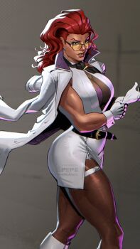 1girl belt black_belt breasts coat coat_on_shoulders crimson_viper earrings gloves hair_slicked_back hand_on_own_hip highres jewelry large_breasts long_hair looking_at_viewer muscular muscular_female necktie_aside pantyhose parted_lips pepedraws red_hair simple_background skirt solo street_fighter street_fighter_6 thick_thighs thighs tinted_eyewear white_background white_coat white_gloves yellow-tinted_eyewear