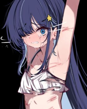Rule 34 | 1girl, armpits, arms up, bikini, black background, black bikini, blue eyes, bruise, bruise on arm, bruise on chest, bruise on stomach, clenched teeth, colored inner hair, constricted pupils, crying, crying with eyes open, hair ornament, highres, injury, kimhiro, long hair, multicolored hair, navel, one eye covered, original, scared, simple background, solo, star (symbol), star hair ornament, stomach, streaming tears, swimsuit, tears, teeth, torn clothes, very long hair