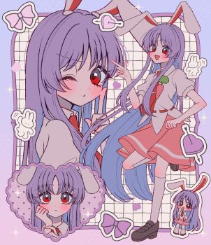 1girl animal_ears arrow_through_heart blush brown_shoes chibi chibi_inset closed_mouth collared_shirt commentary dated_commentary heart highres kneehighs leg_up loafers long_hair looking_at_viewer multiple_views necktie one_eye_closed open_mouth outline pink_skirt puffy_short_sleeves puffy_sleeves purple_hair rabbit rabbit_ears rabbit_girl red_eyes red_necktie reisen_udongein_inaba shirt shoes short_sleeves skirt smile socks standing standing_on_one_leg tamiko_(tamik0224) touhou very_long_hair white_outline white_shirt white_socks