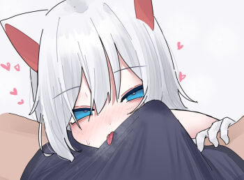 1boy 1girl animal_ears blue_eyes blush bulge bulge_to_face cat_ears cat_girl erection erection_under_clothes gloves heart highres looking_at_viewer maimai_(game) milk_(maimai) nose_blush pov pov_crotch short_hair simple_background solo_focus tongue tongue_out tt_(mmk_lr) white_background white_gloves white_hair