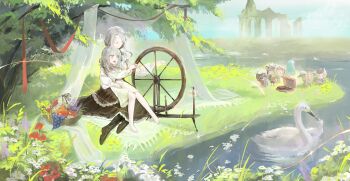 2girls 37_(reverse:1999) :d absurdres aged_down apple apple_(reverse:1999) bare_legs barefoot basket bird blindfold boots brown_boots brown_skirt chacha_(chachachaqqq) character_doll covered_eyes day doll dores_(reverse:1999) dress druvis_iii flower food fruit grey_eyes grey_hair hair_bun highres lilya_(reverse:1999) long_skirt medium_hair multiple_girls on_grass open_mouth outdoors phonograph red_flower regulus_(reverse:1999) reverse:1999 ruins scenery shirt single_side_bun sitting sitting_on_lap sitting_on_person skirt sleeveless sleeveless_dress smile sonetto_(reverse:1999) sotheby spinning_wheel swan too_many_flowers tree urd_(reverse:1999) vertin_(reverse:1999) water white_dress white_flower white_shirt wide_shot yokozuwari