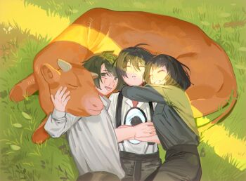 1girl 2boys baby_animal black_hair calf_(animal) closed_eyes cow cowboy_shot crossed_arms day dongbaek_(project_moon) dongrang_(project_moon) highres holding holding_mirror hug limbus_company lying mirror multiple_boys on_back on_grass on_side open_mouth outdoors parted_lips project_moon shirt smile suspenders white_shirt yi_sang_(project_moon) yongsadragon