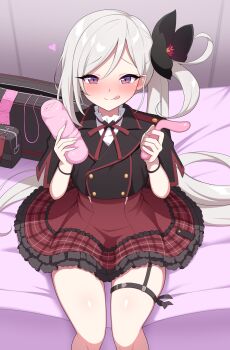 1girl :q aikome_(haikome) artificial_vagina bag blue_archive blush condom condom_packet_strip condom_wrapper flower hair_flower hair_ornament highres holding long_hair looking_at_viewer mutsuki_(blue_archive) pink_eyes red_neckwear red_ribbon red_skirt ribbon sex_toy side_ponytail silver_hair sitting skirt solo thighs tongue tongue_out