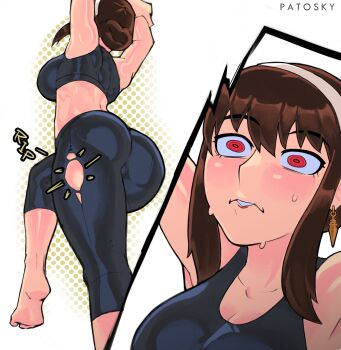 1girl absurdres arms_up artist_name ass bare_arms bare_shoulders barefoot black_pants black_sports_bra breasts brown_hair commentary earrings english_commentary exercising hair_bun highres holding_own_arm jewelry large_breasts multiple_views pants parted_lips patosky red_eyes sidelocks single_hair_bun sports_bra spy_x_family sweat teeth torn_clothes torn_pants wardrobe_malfunction white_background yoga_pants yor_briar