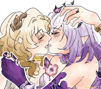 2girls aglaea_(honkai:_star_rail) bare_shoulders blonde_hair blush castorice_(honkai:_star_rail) closed_eyes commentary english_commentary flower gloves hand_on_another&#039;s_head highres honkai:_star_rail honkai_(series) hyastelle imminent_kiss long_hair multiple_girls parted_lips pink_flower pointy_ears purple_gloves purple_hair yuri