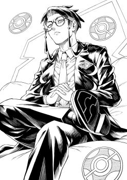 absurdres ayumuhotaka black_pants black_suit chair collared_shirt corbeau_(pokemon) dusk_ball eyewear_strap formal_clothes from_below glasses greyscale highres leg_up looking_down mega_stone monochrome necktie nintendo pants poke_ball pokemon pokemon_legends:_z-a round_eyewear shirt short_hair sitting slit_pupils suit white_background white_necktie