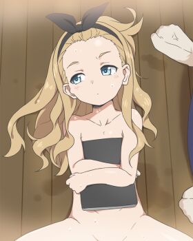 2girls black_hairband blue_eyes blush brown_hair bubukka collarbone completely_nude computer covering_privates covering_chest flat_chest groin hairband holding holding_laptop kurumi_(lycoris_recoil) laptop loli long_hair looking_to_the_side lycoris_recoil multiple_girls nakahara_mizuki nude out-of-frame_censoring spread_legs sweat wet wet_hair