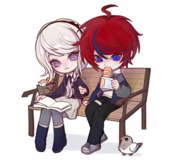 Rule 34 | 1boy, 1girl, :3, ahoge, artist request, bag, bench, bird, black boots, black bow, black hairband, black jacket, black pants, black ribbon, blue eyes, blue hair, blue jacket, book, book on lap, boots, bow, braid, buttons, closed mouth, collared shirt, deformed, eyelashes, food, full body, grey jacket, grey pantyhose, grey skirt, hair between eyes, hairband, highres, holding, holding food, hood, hood down, hoodie, jacket, jacket over hoodie, kirifuji nozomi, lapels, long hair, long sleeves, miniskirt, mole, mole under eye, multicolored hair, multicolored jacket, neck ribbon, notched lapels, on bench, open book, open clothes, open jacket, pants, pantyhose, park bench, pigeon, pleated skirt, pointing, purple eyes, red hair, ribbon, sandwich, second-party source, shirt, shoes, short hair, side braid, single braid, sitting, skirt, smile, sneakers, streaked hair, sumino takumi, the hundred line -last defense academy-, thigh strap, tsurime, two-tone hair, two-tone jacket, white background, white hair, white hoodie, white shirt, white shoes