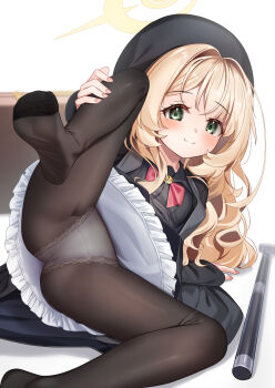 1girl beret black_coat black_dress black_hat black_pantyhose blonde_hair blue_archive blush bow bowtie briefcase cane closed_mouth coat commentary_request crossed_bangs dress feet fingernails foot_out_of_frame green_eyes hair_intakes halo hat highres lace lace-trimmed_panties lace_trim leg_hold loli long_fingernails long_hair long_sleeves looking_at_viewer lying no_shoes on_side open_clothes open_coat paid_reward_available panties panties_under_pantyhose pantyhose pink_bow pink_bowtie professor_niyaniya_(blue_archive) simple_background sleeves_past_wrists smile soles solo split_mouth spread_legs toes underwear white_background white_panties yan_(nicknikg) yellow_halo