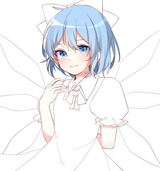 1girl arm_behind_back blue_eyes blue_hair blush bow cirno closed_mouth collared_shirt commentary_request detached_wings dress frilled_sleeves frills hair_bow hand_up highres lineart looking_at_viewer neck_ribbon partially_colored pinafore_dress puffy_short_sleeves puffy_sleeves ribbon shirt short_hair short_sleeves simple_background sleeveless sleeveless_dress smile solo sparkling_eyes star-shaped_pupils star_(symbol) symbol-shaped_pupils touhou unfinished upper_body white_background wings yurui_tuhu