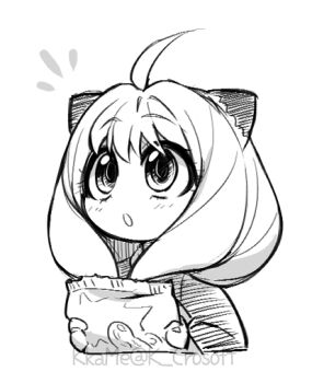1girl ahoge anya_(spy_x_family) bag chibi child commentary_request greyscale hair_ornament holding holding_bag interested kkame korean_commentary long_sleeves medium_hair monochrome no_nose open_mouth sketch solo spy_x_family upper_body