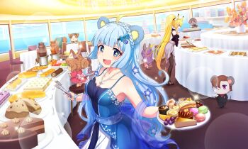 +_+ 2girls 6+others :d ahoge animal_ears artist_request bare_shoulders bear_ears blonde_hair blue_dress blue_eyes blue_hair blue_nails blue_sash blunt_bangs braid breasts buffet cake cake_slice chair cleavage cowboy_shot crown_braid cupcake day dress flower food fruit grapes hair_flower hair_ornament hairpin high_ponytail holding holding_plate horizon indoors jewelry lens_flare long_hair long_table looking_at_viewer macaron multiple_girls multiple_others necklace official_alternate_costume official_art open_mouth orange_(fruit) orange_slice people pie plate ponytail rararin_(show_by_rock!!) sash show_by_rock!! single_braid sleeveless sleeveless_dress smile solo_focus spade_hair_ornament sparkle standing stool sugar_tongs swiss_roll table tablecloth third-party_source tsukino_(show_by_rock!!) waiter wrist_cuffs