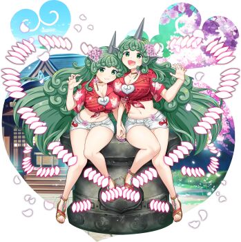 2girls aged_up alternate_costume breasts building cherry_blossoms choker claw_pose cleavage clone closed_mouth collared_shirt curly_hair fang flower game_cg green_eyes green_hair hair_flower hair_ornament hakurei_shrine highres holding_hands horns interlocked_fingers komainu_ears komainu_girl komano_aunn large_breasts long_hair looking_at_viewer midriff multiple_girls navel official_art open_mouth pink_flower red_shirt rotte_(1109) sandals shirt short_sleeves shorts single_horn sitting smile thighs third-party_source tied_shirt touhou touhou_lostword transparent_background very_long_hair white_shorts