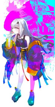 1girl bare_shoulders belt black_jacket black_skirt black_tank_top breasts candy choker crop_top cropped_shirt fate/grand_order fate_(series) food forked_eyebrows full_body highres jacket lollipop long_hair long_sleeves looking_to_the_side melusine_(fate) miniskirt off_shoulder shoes sidelocks skirt small_breasts sneakers solo tank_top white_hair yellow_eyes yubeshi_(zecxl)