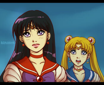 2girls aqua_background bishoujo_senshi_sailor_moon black_hair blonde_hair blue_background blue_eyes blue_sailor_collar bow brooch choker closed_mouth collarbone daekazu double_bun earrings eyebrows_hidden_by_hair eyes_visible_through_hair hair_bun hair_ornament head_tilt hino_rei jewelry lips lipstick long_hair looking_at_another looking_up magical_girl makeup multiple_girls neck necklace non-web_source open_mouth parted_bangs pink_lips purple_bow purple_eyes red_bow red_choker red_sailor_collar round_teeth sad sailor_collar sailor_mars sailor_moon sailor_senshi_uniform straight_hair teeth tiara tsukino_usagi twintails upper_body