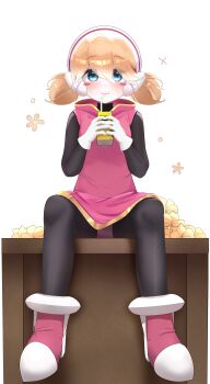 1girl :3 absurdres aged_down blonde_hair blue_eyes bodystocking box breasts ciel_(mega_man) commission commissioner_upload dress drinking eyelashes fauron714 gloves helmet high_heels highres holding_juice_box hood hood_down hooded_dress light_blush light_smile long_bangs looking_at_viewer mechanical_ears medium_hair mega_man_(series) mega_man_zero_(series) non-web_source on_box panties_under_bodysuit petite short_twintails sitting sitting_on_box sleeveless sleeveless_dress small_breasts solo transparent_background twintails