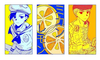 2boys anchor_ornament blue_background cellphone character_name checkered_clothes checkered_shirt closed_mouth flip_phone food fruit hashtag-only_commentary hat heart_ornament highres holding holding_phone jojo_no_kimyou_na_bouken jojolion kira_yoshikage_(jojolion) kujo_josefumi lemon lemon_slice limited_palette looking_at_viewer male_focus multiple_boys multiple_monochrome orange_(fruit) orange_background orange_slice peace_symbol phone planet_402 pompadour sailor sailor_collar sailor_hat shirt short_hair translation_request yellow_background yellow_theme