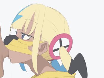 1boy 1girl :>= after_fellatio animated aqua_hair bar_censor blonde_hair blue_eyes blunt_bangs blush canari_(pokemon) censored dark-skinned_female dark-skinned_male dark_skin erection fellatio fellatio_under_mask hetero looping_animation mask mouth_mask multicolored_hair nintendo oral penis penis_under_mask pokemon pokemon_legends:_z-a saliva saliva_trail setsuna_gohan solo_focus tagme twintails two-tone_hair veins veiny_penis video