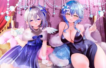 Rule 34 | 2girls, amane kanata, bare shoulders, black dress, blue dress, blue hair, blue nails, breasts, cleavage, cocktail dress, commentary request, cup, dress, elf, flat chest, gem, gloves, halo, highres, holding, holding cup, hololive, large breasts, mizuno kurage, multiple girls, pointy ears, purple eyes, star halo, virtual youtuber, white gloves, yellow eyes, yukihana lamy