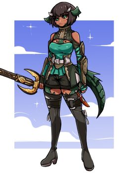 1girl arm_armor armor bare_shoulders black_boots black_hair black_sclera black_shorts blue_background boots border breasts closed_mouth clothing_cutout colored_sclera commentary commission english_commentary full_body green_eyes green_shirt high_heel_boots high_heels highres holding holding_sword holding_weapon horns lizard_tail looking_at_viewer medium_breasts oninuer original outside_border shirt short_hair short_shorts shorts shoulder_cutout solo standing sword tail thigh_boots weapon white_border
