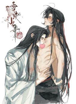2boys ahoge arms_behind_back bishounen black_hair black_hanfu blush bound bound_wrists branded breast_sucking chinese_clothes chinese_text closed_eyes clothes_down commission from_side hair_ribbon half_updo hanfu heart highres holding_another&#039;s_wrist hug lan_wangji long_hair long_sleeves male_focus modao_zushi multiple_boys official_alternate_hairstyle open_clothes open_robe parted_lips pectoral_cleavage pectorals profile red_eyes red_ribbon ribbon robe scar scar_on_chest seal_impression second-party_source sidelocks simple_background sucking_male_nipple topless_male very_long_hair watermark wei_wuxian wei_wuxian_(yiling_laozu) white_background white_hanfu wide_sleeves xue_ding_ka_fei_du_wei yaoi