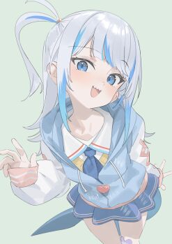 1girl :d blue_eyes blue_jacket blue_necktie blue_skirt blue_streaks commentary cross-laced_clothes cross-laced_sleeves fins fish_tail gawr_gura gawr_gura_(school_uniform) grey_hair hand_up highres hololive hololive_english hood hooded_jacket jacket koyo2023 long_hair looking_at_viewer miniskirt multicolored_hair necktie official_alternate_costume official_alternate_hairstyle one_side_up open_mouth pleated_skirt raglan_sleeves school_uniform shark_girl shark_tail sharp_teeth shirt skirt smile solo streaked_hair sweater_vest tail teeth vest virtual_youtuber white_hair white_shirt white_sleeves yellow_vest