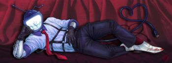 1boy ant_tenna black_gloves black_pants blood blood_on_arm blood_on_hands blood_on_shoes chest_strap chien_vebay claws clothed_robot collared_shirt commentary crt defernull deltarune electric_plug electric_plug_tail english_commentary full_body gloves heart heart_tail highres humanoid_robot lying male_focus necktie object_head on_side pants pinstripe_pattern pinstripe_shirt pointy_nose red_necktie red_socks robot shirt shirt_tucked_in sleeves_rolled_up smile socks solo tail teeth utdr_(toby_fox)