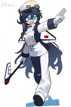 1girl black_hair blue_eyes buran_(spacecraft) commentary_request dated full_body gloves glowing glowing_eyes hair_between_eyes hammer_and_sickle hat headphones helmet highres holding long_hair mecha_musume mechanical_wings military_uniform open_mouth original outstretched_arm pants pckcool peaked_cap raised_inner_eyebrows rectangular_mouth signature simple_background solo_focus soviet soviet_flag space_shuttle spacecraft sweat symbol-shaped_pupils turning_head very_long_hair walking white_background white_gloves white_hat white_pants wings