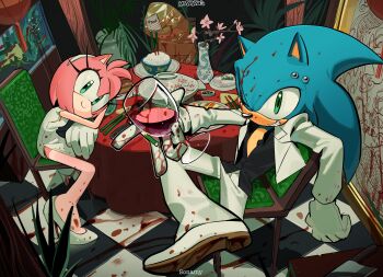 1boy 1girl absurdres alcohol alternate_costume amy_rose blue_fur bowl chair cup drinking_glass food furry furry_female furry_male gloves green_eyes grin head_on_table hedgehog_boy hedgehog_girl highres kosherea looking_at_viewer on_chair one_eye_closed pink_fur red_wine rice_bowl smile sonic_(series) sonic_the_hedgehog stained_clothes wine wine_glass