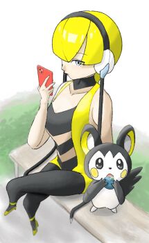 Rule 34 | 1girl, arm support, bare shoulders, black choker, blonde hair, blue eyes, blunt bangs, breasts, choker, cleavage, collarbone, commentary request, crossed legs, dress, elesa (pokemon), emolga, flying squirrel, gen 4 pokemon, gen 5 pokemon, guya0826me, hand up, headphones, high heels, highres, holding, holding phone, low neckline, medium breasts, nintendo, pantyhose, phone, pokemon, pokemon (creature), pokemon bw, rotom, rotom phone, short dress, short hair, sleeveless, sleeveless dress, squirrel, yellow dress