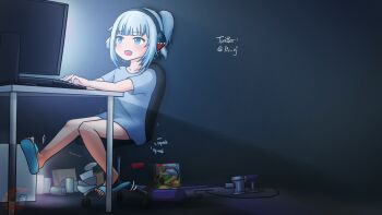 aqua_footwear bare_legs blue_eyes blue_hair blue_shirt blunt_bangs bowl can chair computer computer_tower hanging_legs dark dark_background dark_room dyson_(company) gawr_gura grey_hair headphones highres hololive hololive_english holomyth computer_keyboard looking_at_screen monitor multicolored_hair nintendo_switch office_chair open_mouth ponytail screen_light shirt short_sleeves sidelocks sitting slippers streaked_hair swivel_chair two-tone_hair two_side_up vacuum_cleaner virtual_youtuber