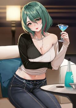 arm_under_breasts black_shirt blush breasts cleavage cocktail_glass commentary_request cup dead_or_alive dead_or_alive_xtreme dead_or_alive_xtreme_venus_vacation denim drinking_glass green_eyes green_hair green_nails highres holding holding_cup jeans jewelry large_breasts looking_at_viewer midriff mole mole_under_eye navel necklace official_art pants pink_hair shirt short_hair sitting smile tamaki_(doa) third-party_source udon_(udonalium) venus_vacation_prism:_dead_or_alive_xtreme white_shirt