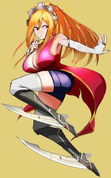 Rule 34 | 1girl, armpits, bare shoulders, belt, blonde hair, blue shorts, breasts, cleavage, closed mouth, coat, cowboy shot, deadball iwata, dress, elbow gloves, fighting stance, gear hair ornament, gloves, grey background, hair tubes, head tilt, high ponytail, highres, jumping, knees up, large breasts, leg blade, long hair, martial arts, mechanical boots, navel, orange eyes, ponytail, red coat, red dress, sengoku otome, shorts, sidelocks, sideways glance, sleeveless, sleeveless dress, solo, tachibana dousetsu (sengoku otome), thighhighs, yellow background