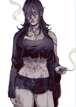 abs absurdres black_hair black_jacket black_shorts blackberreh-art chest_tattoo cigarette ear_piercing earrings face_piercing finger_tattoo genderswap genderswap_(mtf) gerard_keay goth_fashion highres holding holding_cigarette injury jacket jewelry labret_piercing leg_tattoo lips long_hair midriff navel navel_hair navel_piercing neck_tattoo nose_piercing nose_ring piercing scar shirt short_shorts shorts shoulder_tattoo side_labret_piercing smoke smoking solo tattoo the_magnus_archives torn_clothes torn_shirt upper_body