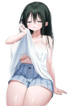 1girl boxers breasts clothes_lift curvy green_eyes green_hair half-closed_eyes highres hot large_breasts long_hair male_underwear muffin_top open_mouth original p00nipooni plump see-through_clothes see-through_shirt shiny_skin shirt shirt_lift sitting skindentation striped_clothes sweat thick_thighs thighs underboob underwear vertical-striped_boxers vertical-striped_clothes vertical_stripes white_background