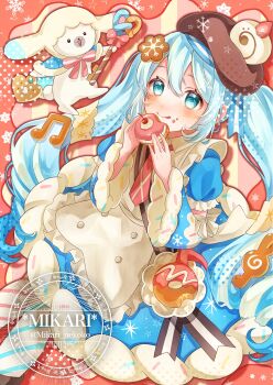 1girl animal apron aqua_eyes aqua_hair asymmetrical_legwear blue_bow blue_dress blue_pantyhose blue_sleeves blush bow bowtie brown_hat closed_mouth commentary_request dessert detached_sleeves double-parted_bangs dress dress_bow food food-themed_clothes food-themed_hat_ornament food_on_face foot_out_of_frame frilled_apron frills fur-trimmed_dress fur-trimmed_sleeves fur_trim hair_between_eyes hair_ornament hat hat_ornament hatsune_miku heart highres holding holding_food key long_hair long_sleeves looking_at_viewer mikari_nekoko mismatched_legwear necktie official_alternate_costume official_alternate_hairstyle pantyhose pink_necktie pink_pantyhose puffy_short_sleeves puffy_sleeves rabbit_yukine short_sleeves smile snowflake_print solo striped_clothes striped_pantyhose twintails two-tone_sleeves very_long_hair vocaloid watermark wavy_hair white_apron white_bow white_rabbit_(animal) wide_sleeves yuki_miku yuki_miku_(2026)