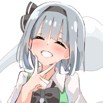 1girl ^_^ black_bow black_bowtie black_hairband blunt_bangs blush bow bowtie closed_eyes commentary facing_viewer fingernails green_vest grey_hair grin hairband highres hitodama konpaku_youmu konpaku_youmu_(ghost) miya_(user_zsjh8384) shirt short_hair simple_background smile solo touhou upper_body v vest white_background white_shirt