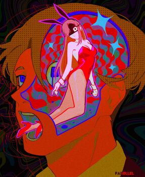 1boy 1girl abstract_background animal_ear_hairband animal_ears artist_name asymmetrical_bangs bare_arms bare_shoulders black_background black_eyes black_hairband blonde_hair blue_eyes breasts brown_hair brown_pantyhose claire_(par0llel) cleavage close-up collared_shirt commentary elliot_(par0llel) fake_animal_ears film_grain full_body hair_behind_ear hairband halftone high_heels highres kneeling leotard looking_at_viewer medium_breasts no_mouth open_mouth original pantyhose par0llel playboy_bunny rabbit_ear_hairband rabbit_ears red_leotard red_shoes shaded_face shirt shoes short_hair simple_background straight_hair strapless strapless_leotard teeth turning_around very_short_hair wristband