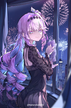 1girl absurdres aerial_fireworks ahoge black_dress black_panties blue_eyes blue_hair breasts closed_mouth colored_inner_hair commentary condom condom_packet_strip condom_wrapper denia_(wuthering_waves) dress english_commentary fireworks from_side hair_intakes highres holding holding_condom lingerie long_hair looking_at_viewer looking_to_the_side medium_breasts multicolored_hair night panties pink_hair revision ryeon_(naturesan) see-through_clothes see-through_dress smile solo turning_head underwear v-shaped_eyebrows wuthering_waves