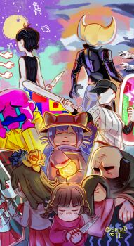 1other 3girls 5boys absurdres adoptive_parent_and_adoptive_child artist_name baseball_bat baseball_cap brad_armstrong buddy_(lisa) commentary crossover crying english_commentary facing_away father_and_daughter flower hat highres holding holding_baseball_bat holding_knife hug hylics ib_(ib) ib_(kouri) knife light_bulb lisa_(series) lisa_the_painful looking_at_mirror mirror multiple_boys multiple_girls niko_(oneshot) omori omori_(omori) oneshot_(game) phillip_(space_funeral) signature spilled_te wayne_(hylics) yume_nikki