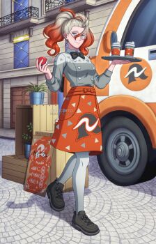 1girl adricarra apron black_bow black_bowtie blue_eyes bow bowtie breasts closed_mouth commentary crate cup disposable_coffee_cup disposable_cup english_commentary food_truck glasses gradient_hair griselle_(pokemon) hair_pulled_back highres holding holding_poke_ball holding_tray long_sleeves medium_breasts multicolored_hair nintendo orange_apron orange_hair pantyhose plant poke_ball poke_ball_(basic) pokemon pokemon_legends:_z-a ponytail potted_plant print_apron red_apron red_hair shirt shoes smile split_ponytail tray two-tone_hair waist_apron white-framed_eyewear white_hair white_pantyhose white_shirt