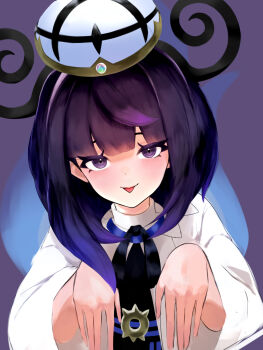 1girl absurdres belt belt_buckle black_dress black_hair bob_cut buckle coat dress eyelashes ghost_pose gradient_hair gwynn_(pokemon) hat highres iyo06514114980 long_sleeves looking_at_viewer mega_stone multicolored_hair nintendo o-ring o-ring_belt open_clothes open_coat pokemon pokemon_legends:_z-a purple_eyes purple_hair short_hair simple_background solo tongue tongue_out upper_body white_coat