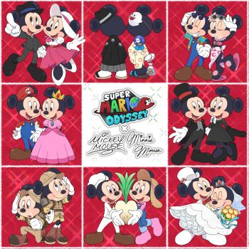 1boy 1girl animal_ears blooper_(mario) blue_eyes boo_(mario) cheep_cheep cosplay crown disney dress gloves hat highres inkling looking_at_viewer mario mario_(chef) mario_(cosplay) mario_(hakama) mario_(series) mario_(sunshine) mario_(tuxedo) mickey_mouse mickey_mouse_&amp;_friends minnie_mouse mouse_ears nintendo open_mouth princess_peach princess_peach_(cosplay) princess_peach_(explorer) princess_peach_(farmer) princess_peach_(swimwear) princess_peach_(vacation) princess_peach_(wedding) princess_peach_(wintertime) princess_peach_(yukata)_(super_mario_odyssey) riomario shirt splatoon_(series) squid super_mario_odyssey tail