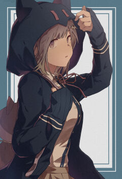 Rule 34 | 1girl, absurdres, animal bag, bag, breasts, brown hair, brown skirt, cat bag, collared shirt, commentary request, danganronpa (series), danganronpa 2: goodbye despair, flipped hair, hair ornament, highres, hiro hiroisawa, hood, hood up, jacket, long sleeves, looking at viewer, medium hair, nanami chiaki, neck ribbon, open clothes, open jacket, pink bag, pink eyes, pink ribbon, pleated skirt, ribbon, shirt, skirt, solo, two-tone shirt, white shirt